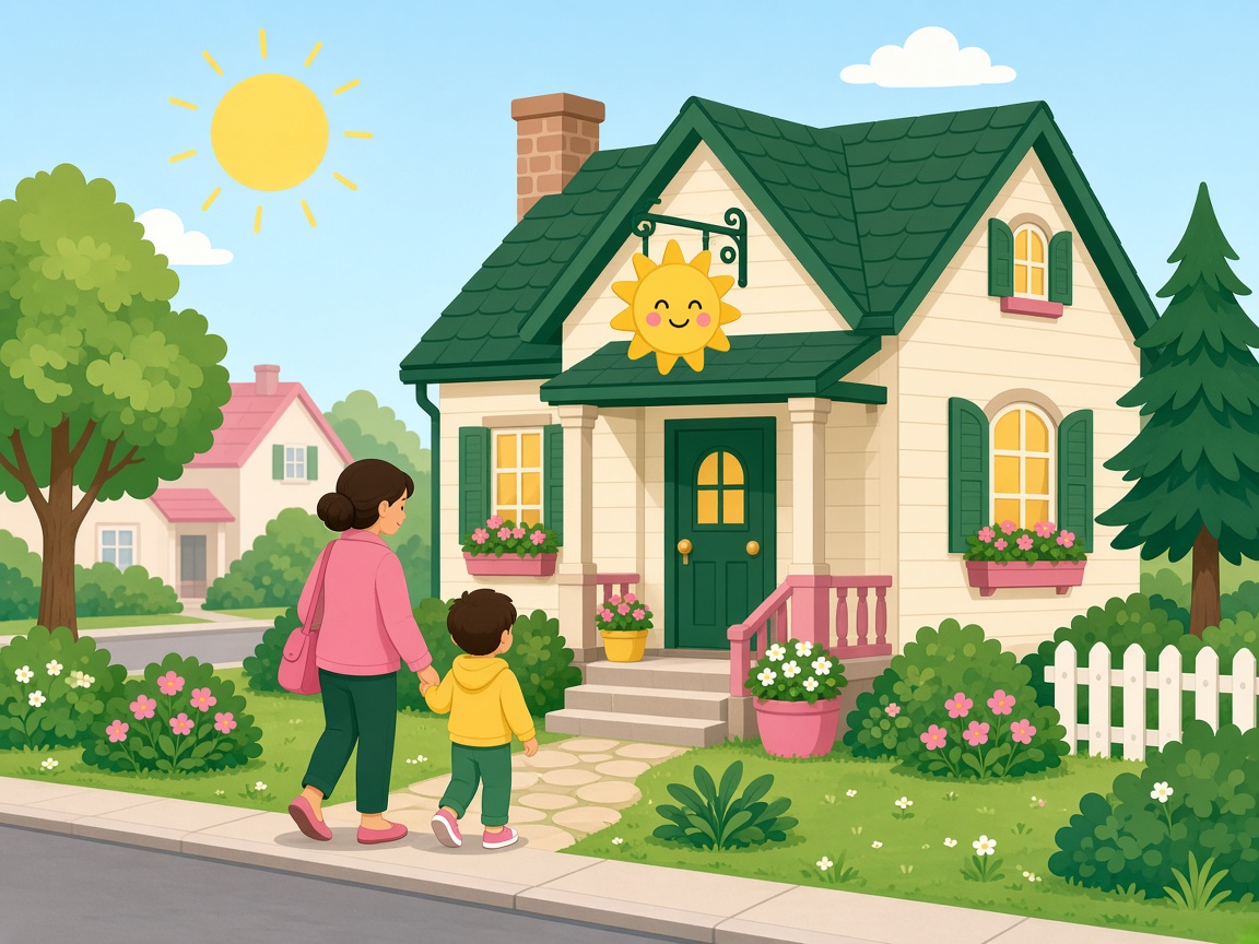 Cartoon Jack’n Jill office on a sunny street with families arriving