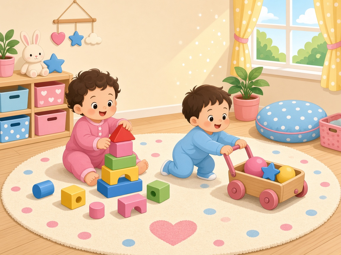 Cartoon toddlers stacking blocks and playing with a wagon