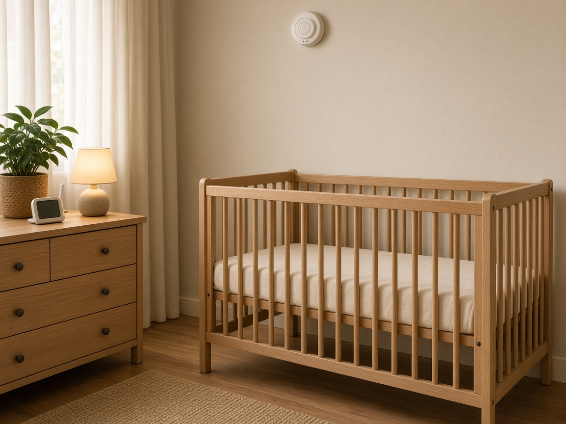 Quiet nap room with a crib, baby monitor, and smoke detector