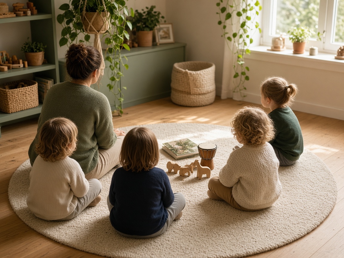 Small circle of children and an educator on a cream rug with wooden toys in the centre, faces turned away
