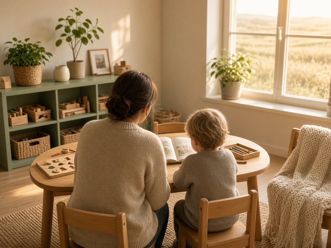 Educator and child sitting together at a low wooden table with a picture book, seen from behind