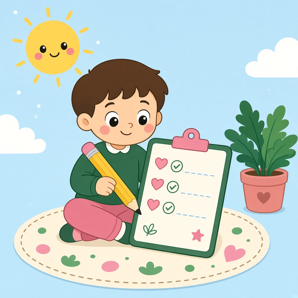 Cartoon child filling out a clipboard on a cream rug